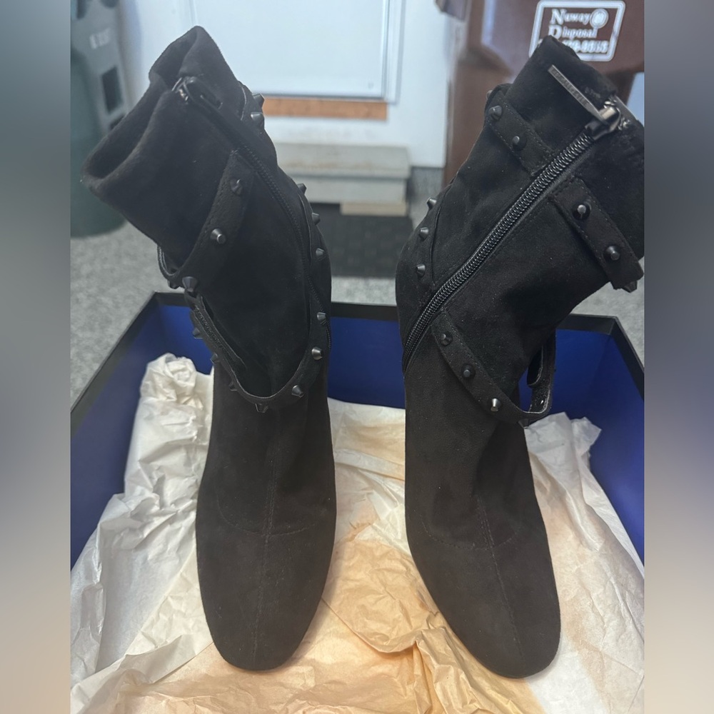 Black studded faux suede high heel booties